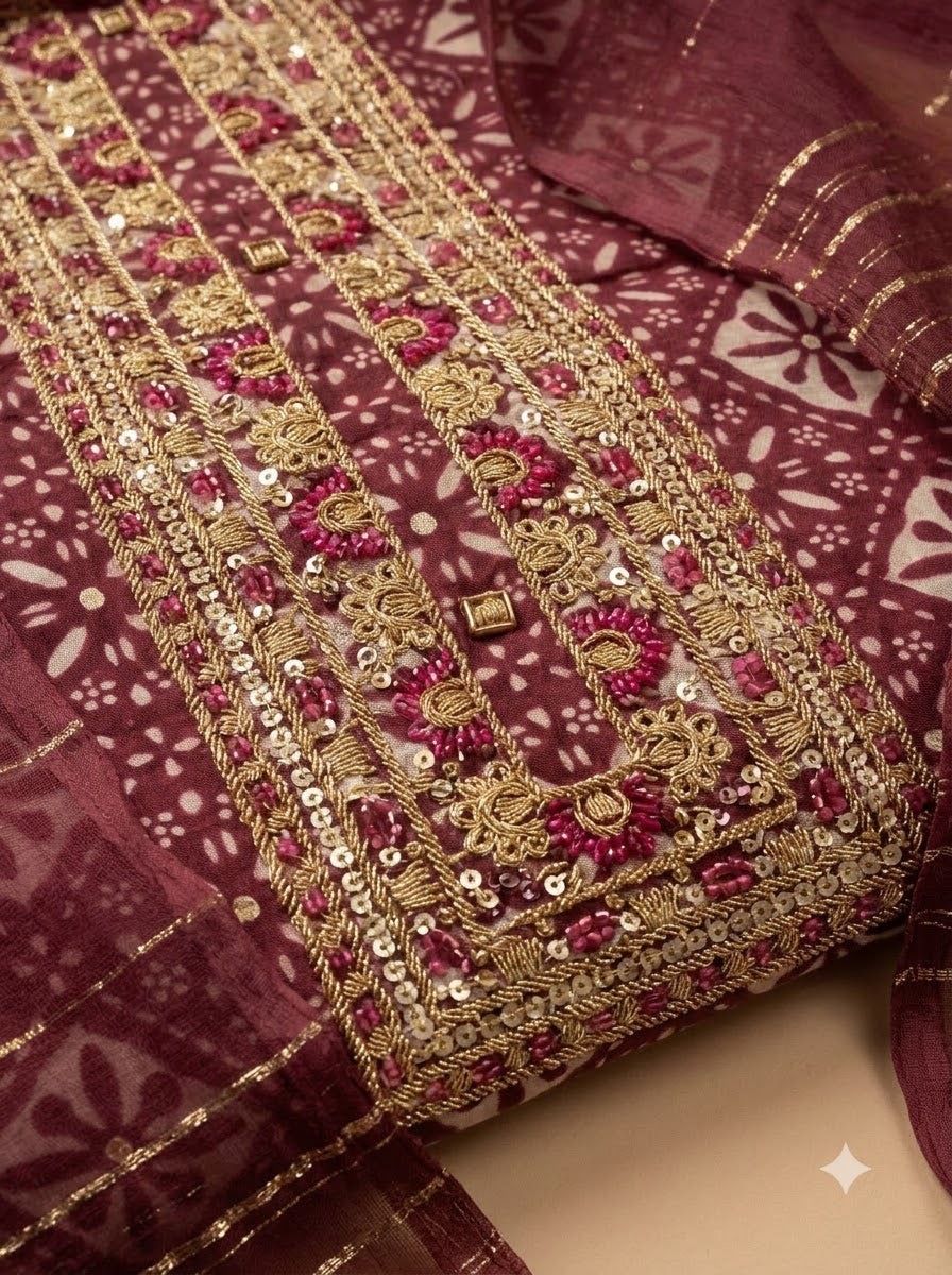 Maroon Cotton Blend Embroidered Unstitched Dress Material