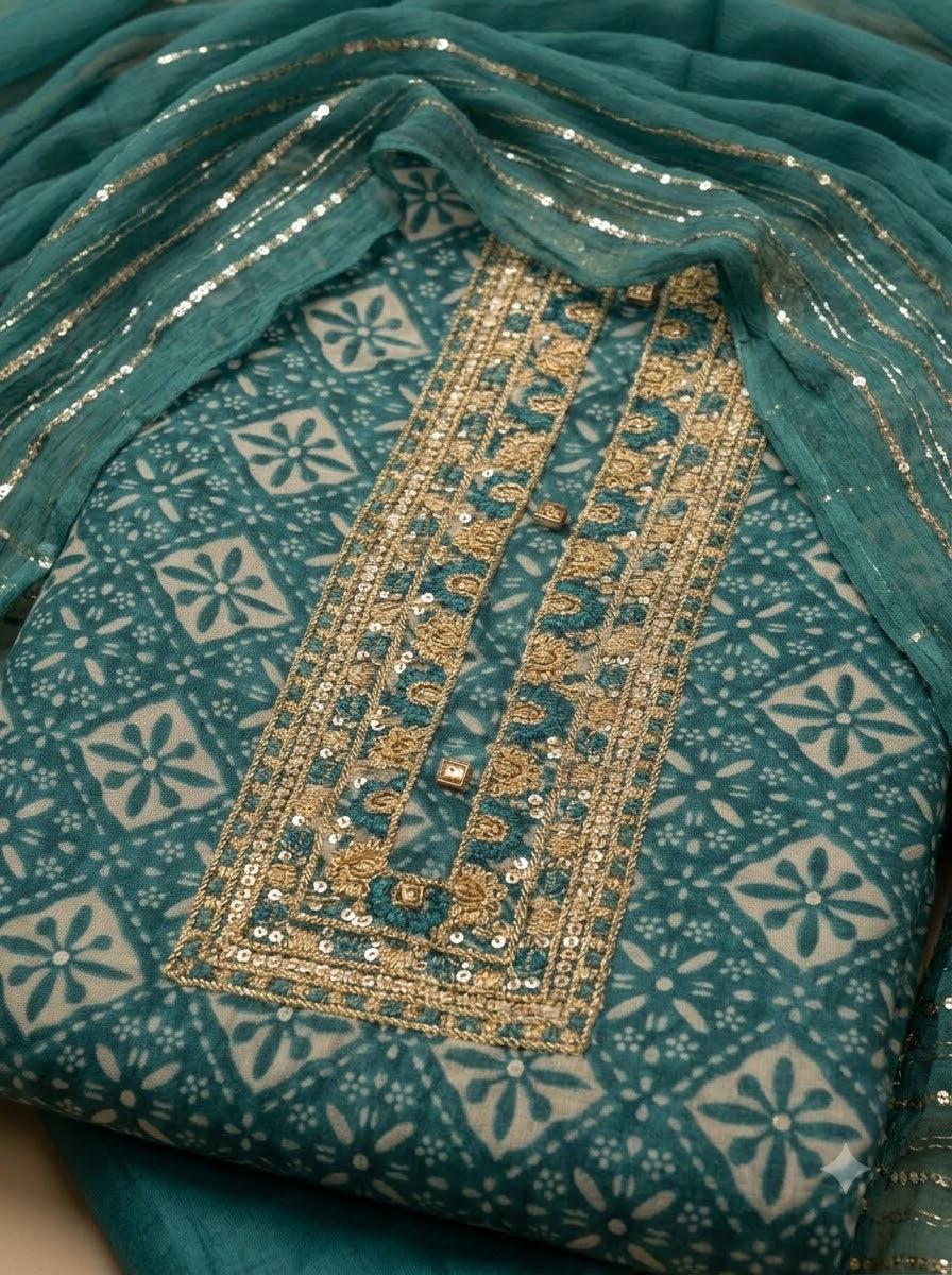 Rama Green Cotton Blend Embroidered Unstitched Dress Material