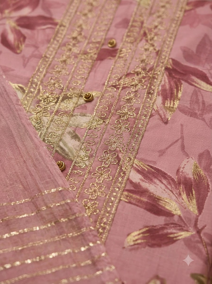 Onion Pink Cotton Blend Embroidered Unstitched Dress Material
