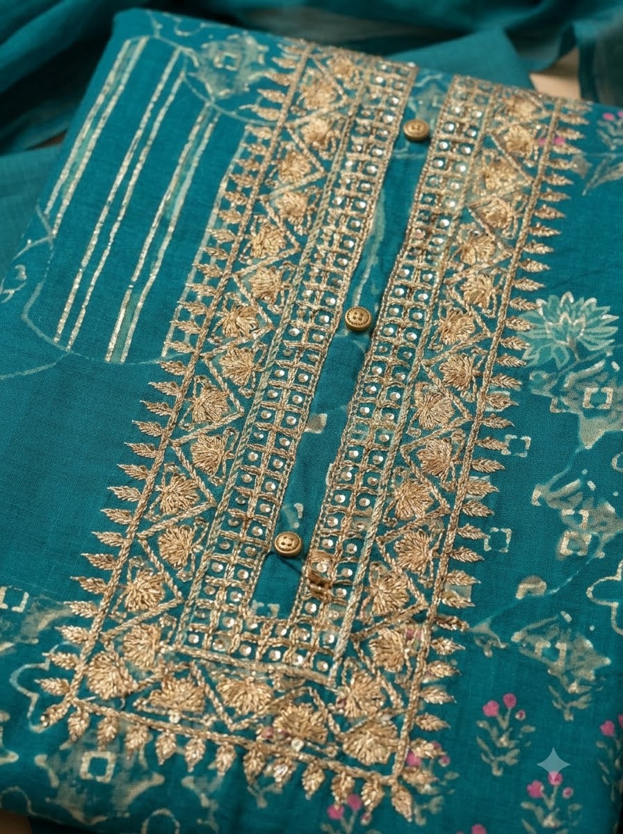 Blue Cotton Blend Embroidered Unstitched Dress Material