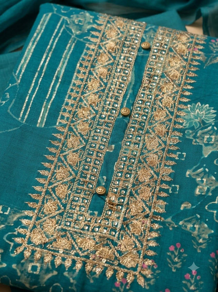 Blue Cotton Blend Embroidered Unstitched Dress Material