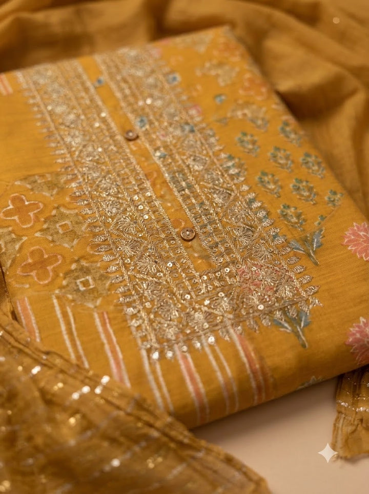 Orange Cotton Blend Embroidered Unstitched Dress Material
