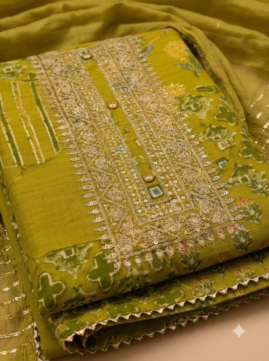 Pista Green Cotton Blend Embroidered Unstitched Dress Material