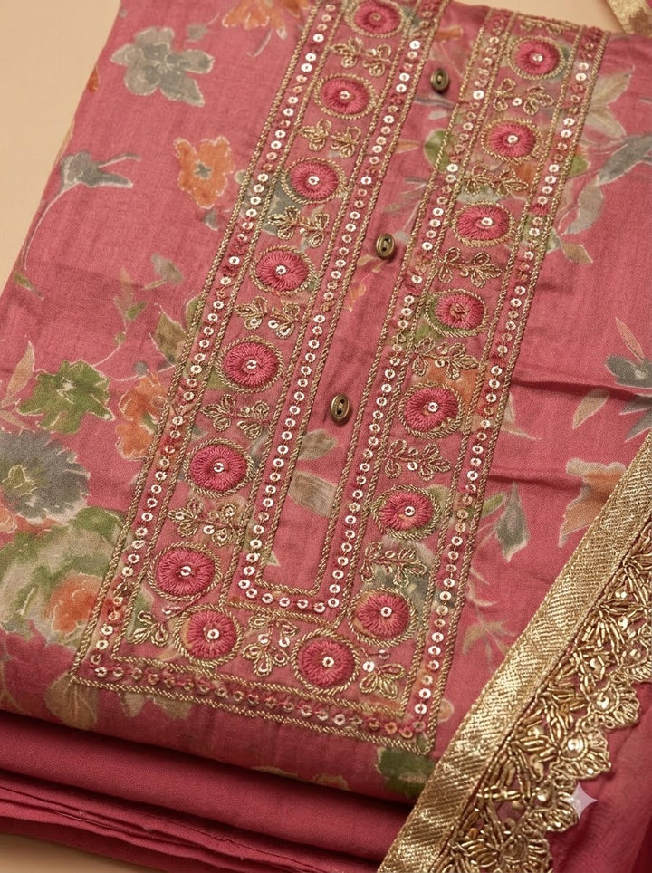 Hot Pink Cotton Blend Embroidered Unstitched Dress Material