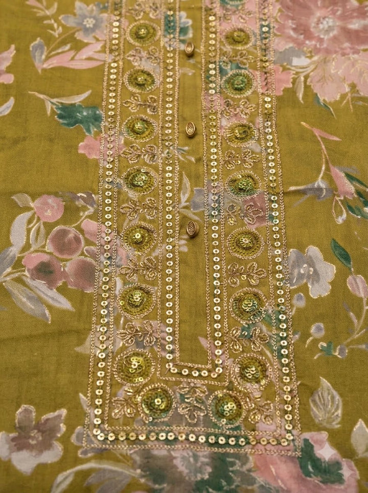 Mehndi Cotton Blend Embroidered Unstitched Dress Material