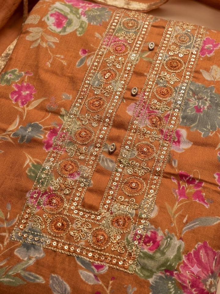 Rust Cotton Blend Embroidered Unstitched Dress Material