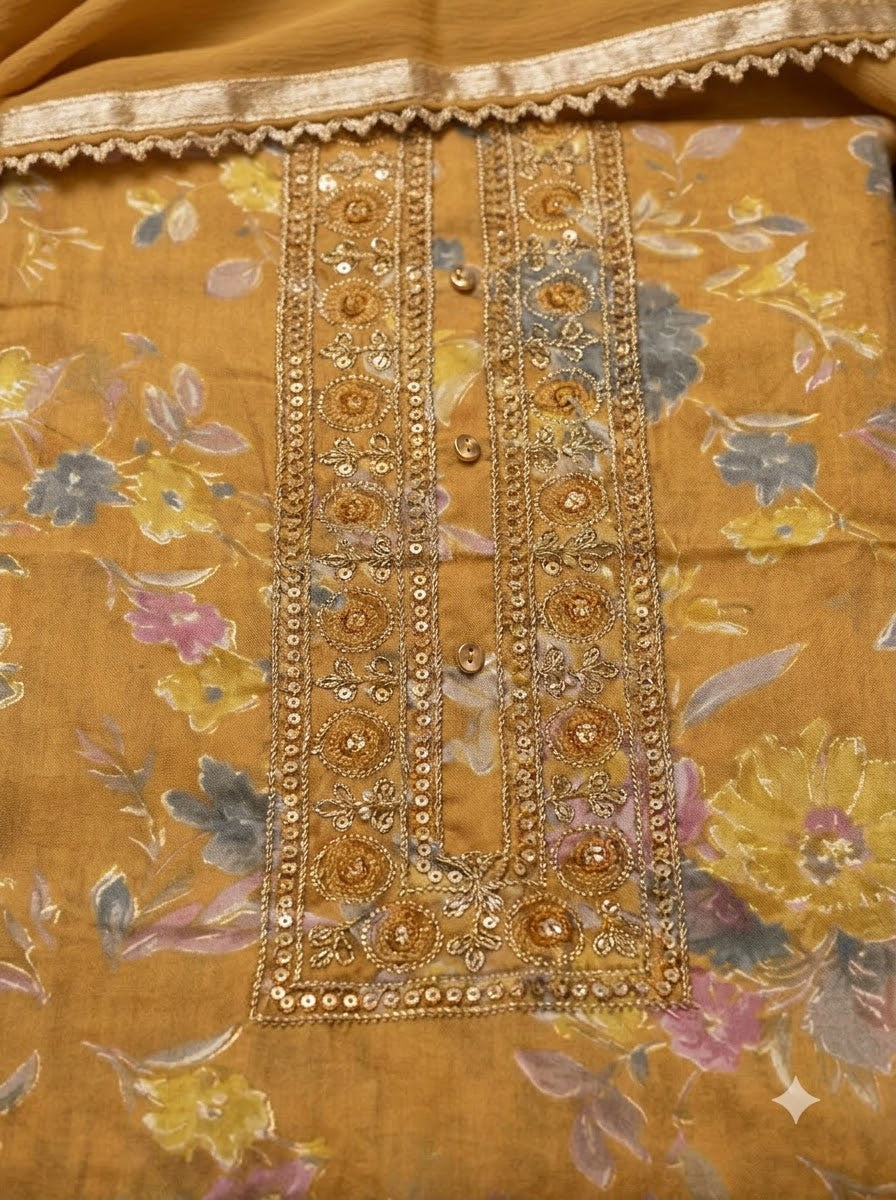 Mustard Cotton Blend Embroidered Unstitched Dress Material
