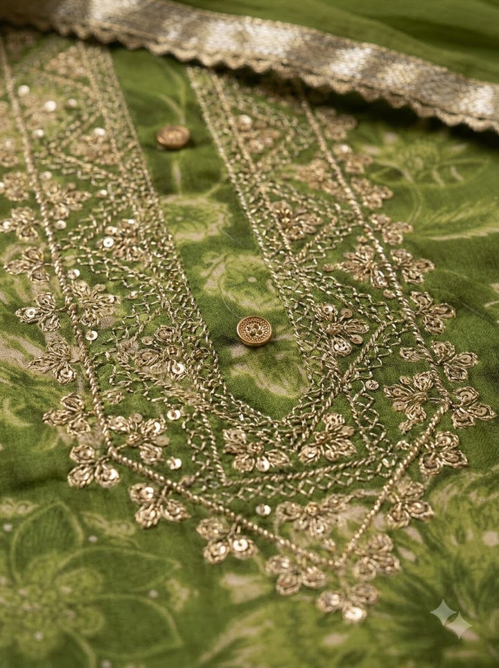 Green Cotton Blend Embroidered Unstitched Dress Material
