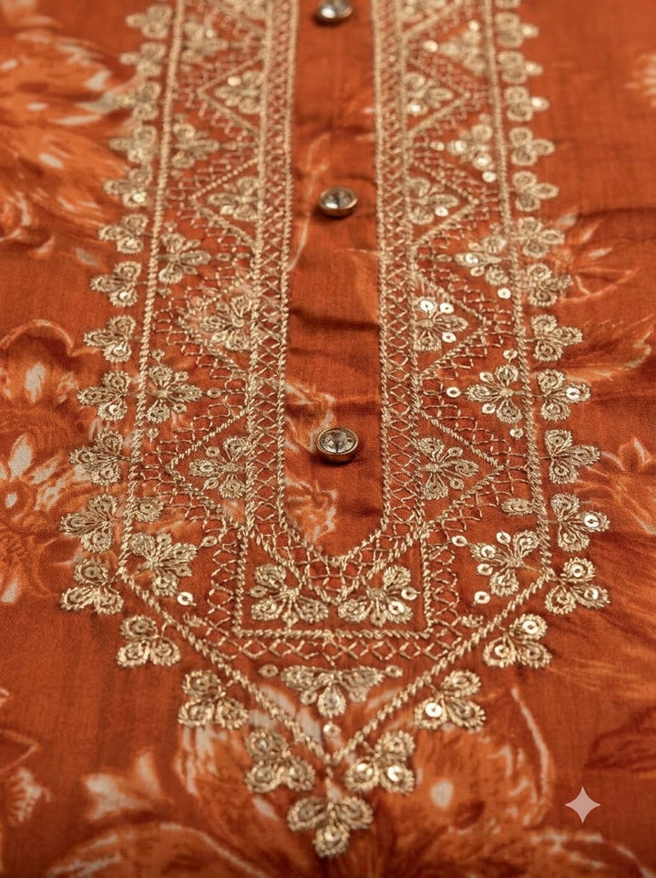 Rust Cotton Blend Embroidered Unstitched Dress Material