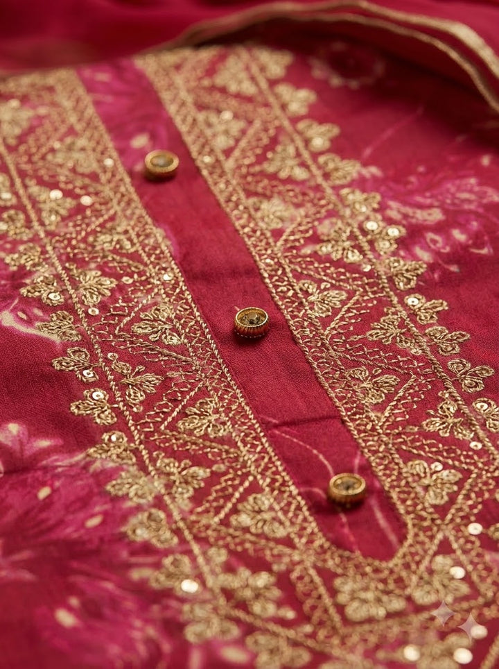 Hot Pink Cotton Blend Embroidered Unstitched Dress Material