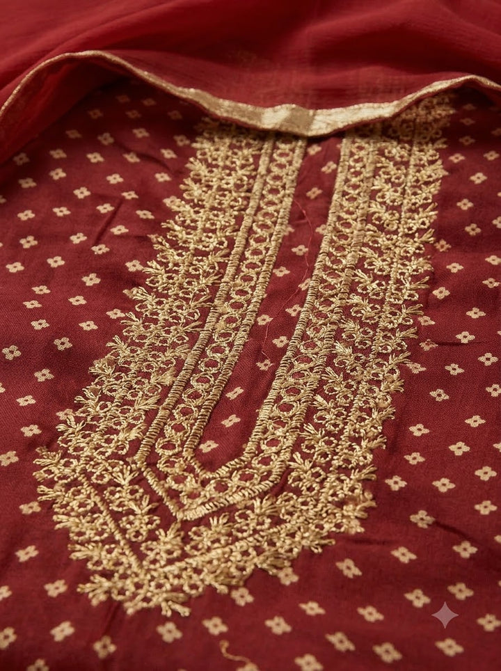 Maroon Cotton Blend Embroidered Unstitched Dress Material