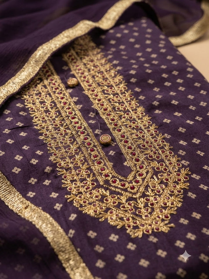 Purple Cotton Blend Embroidered Unstitched Dress Material