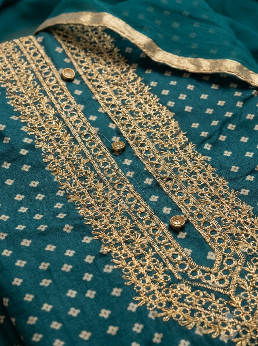 Rama Green Cotton Blend Embroidered Unstitched Dress Material