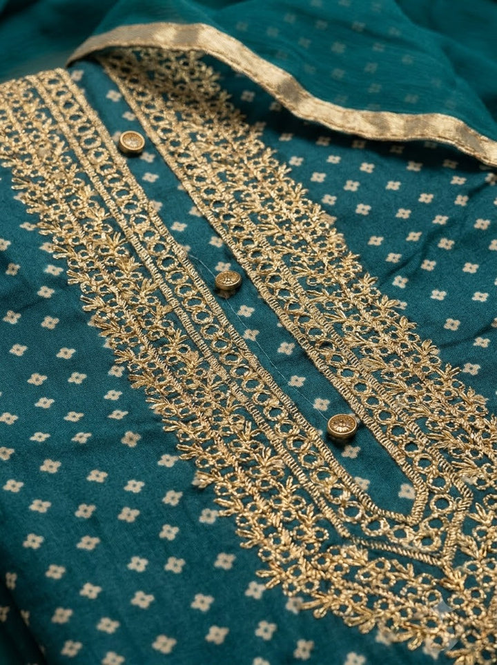 Rama Green Cotton Blend Embroidered Unstitched Dress Material