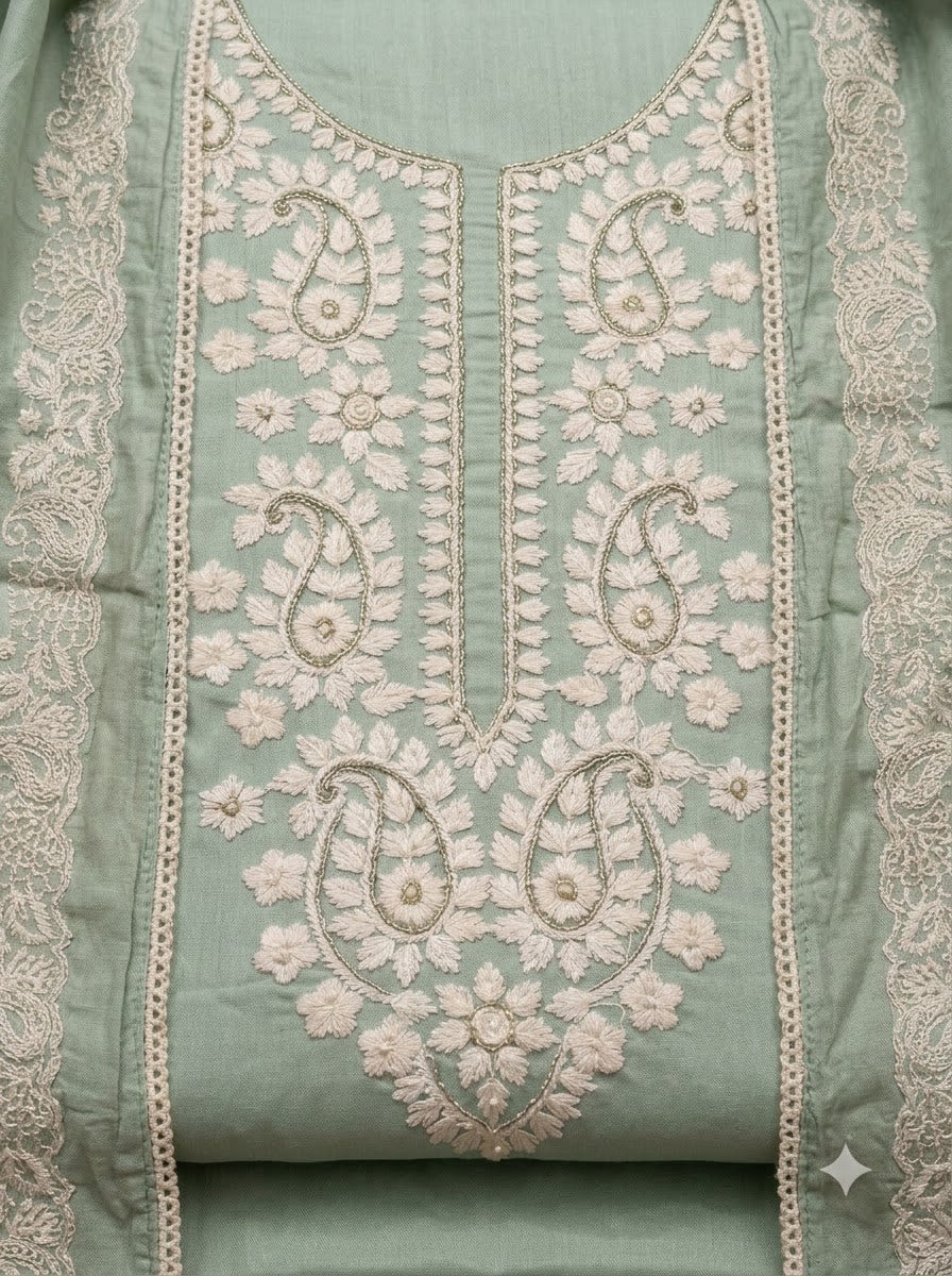Aqua Chanderi Embroidered Unstitched Dress Material