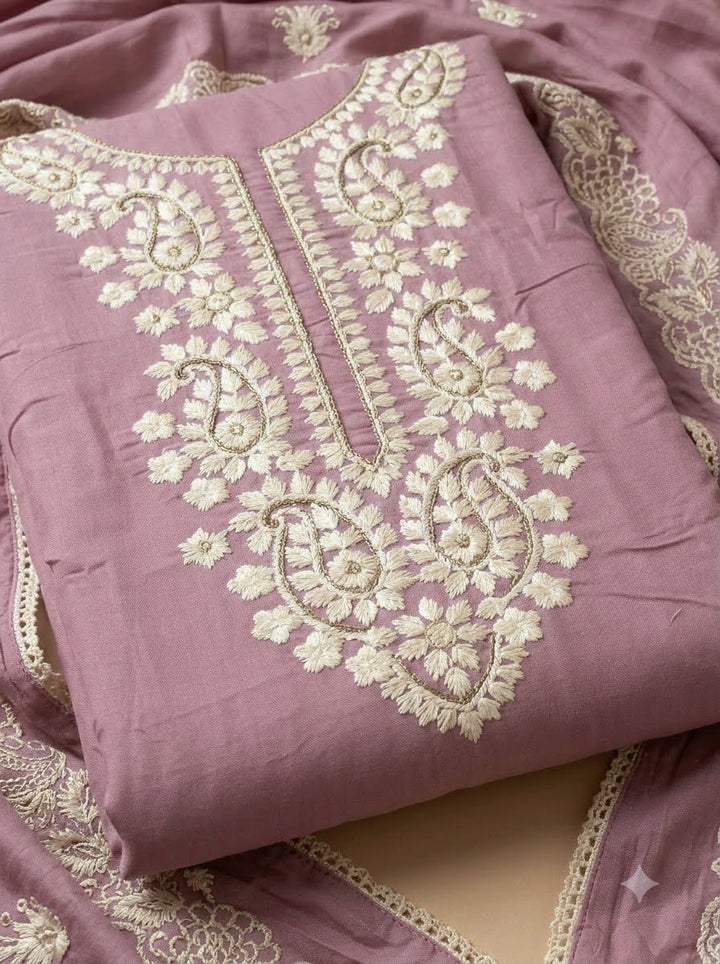 Onion Pink Chanderi Embroidered Unstitched Dress Material