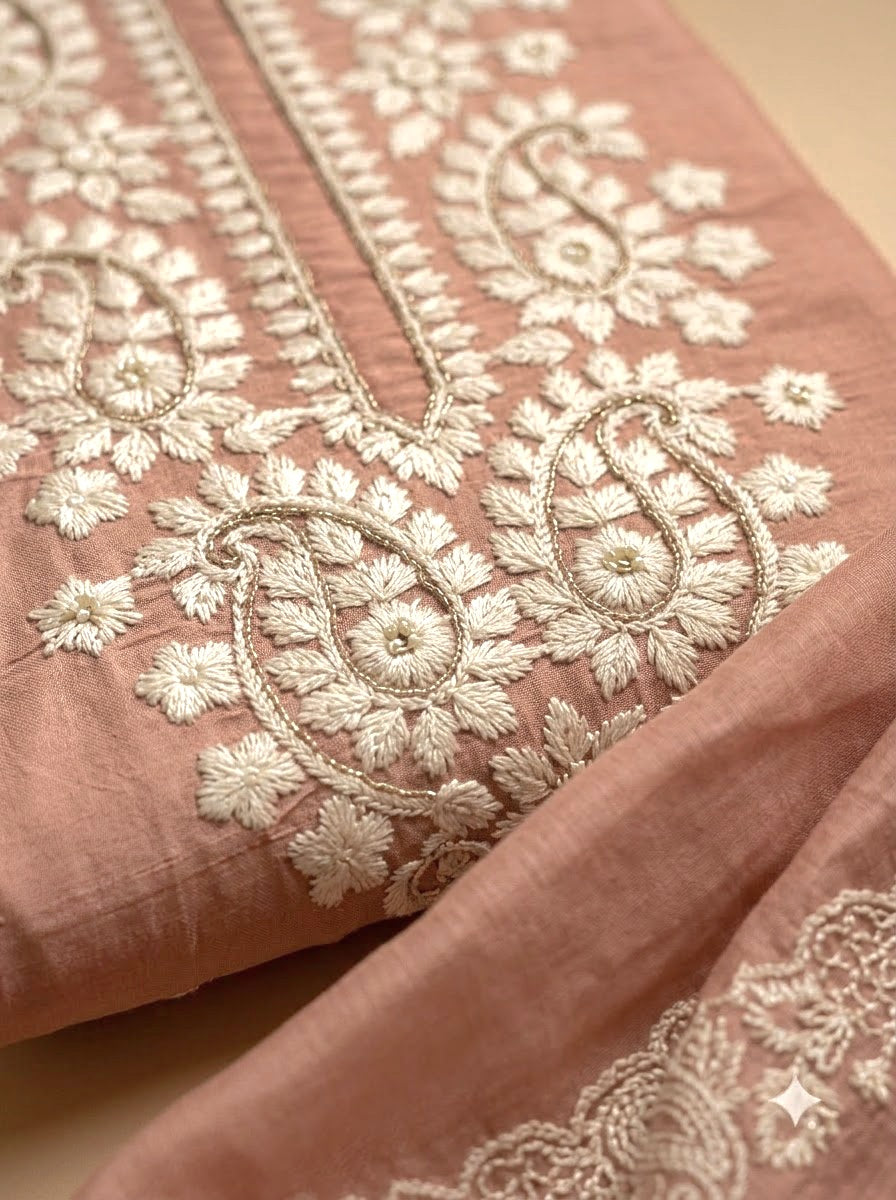 Peach Chanderi Embroidered Unstitched Dress Material