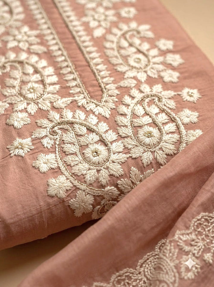 Peach Chanderi Embroidered Unstitched Dress Material