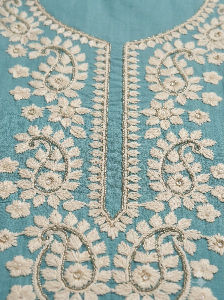 Blue Chanderi Embroidered Unstitched Dress Material