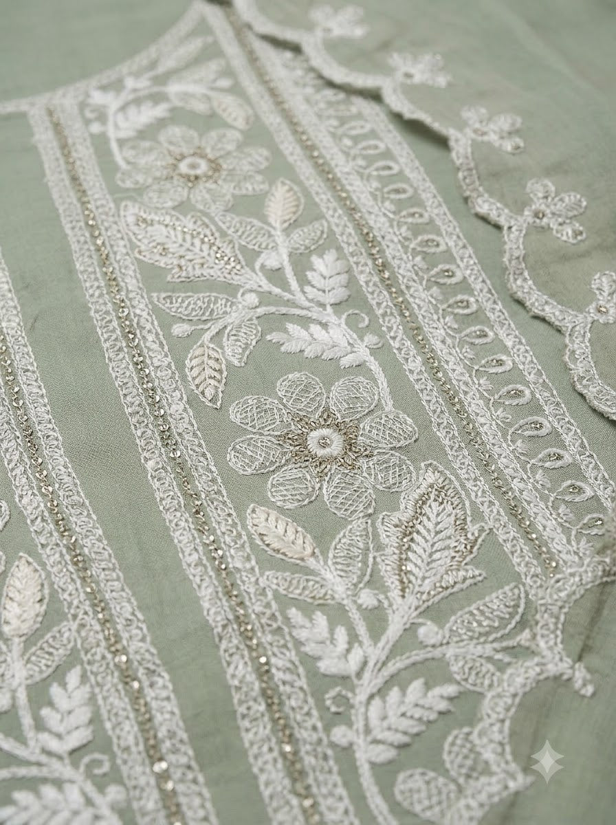 Aqua Chanderi Embroidered Unstitched Dress Material