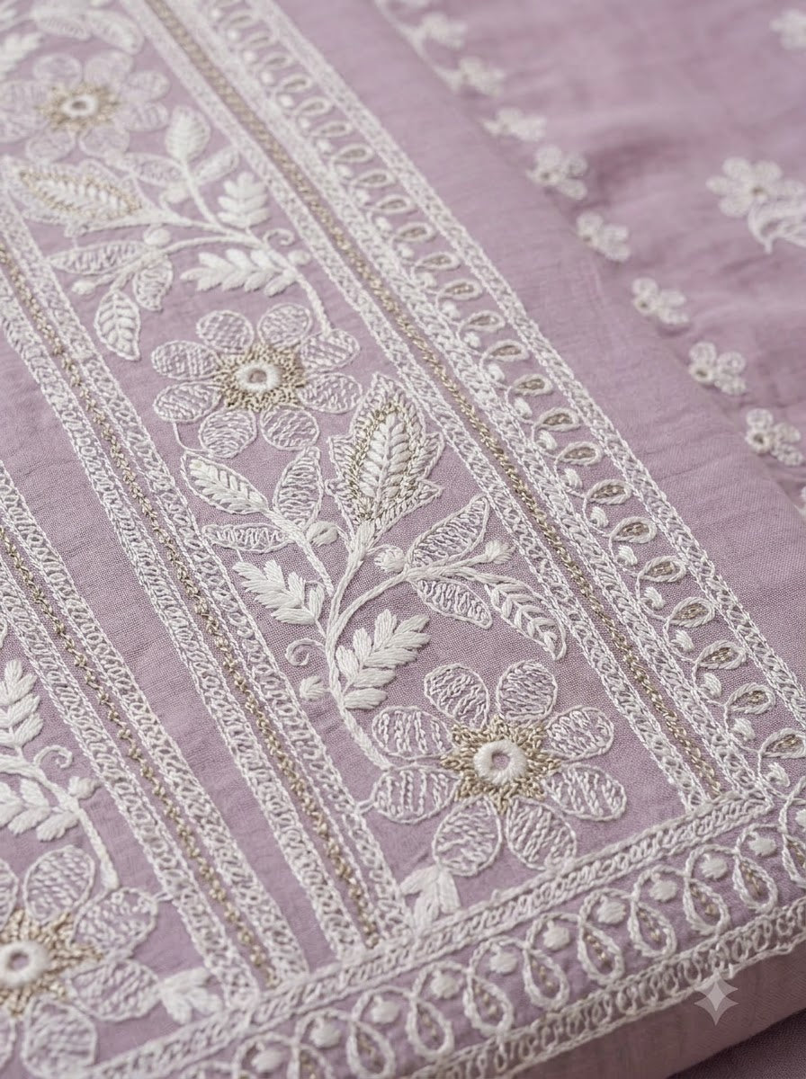 Lavender Chanderi Embroidered Unstitched Dress Material
