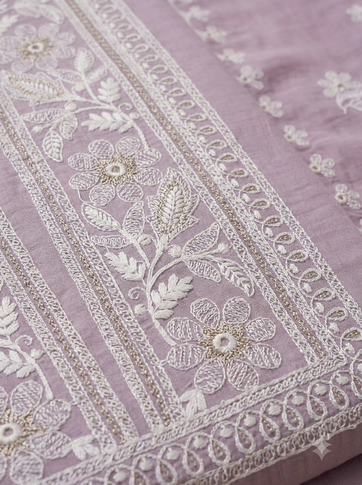 Lavender Chanderi Embroidered Unstitched Dress Material