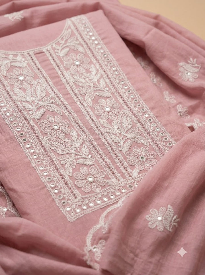 Peach Chanderi Embroidered Unstitched Dress Material