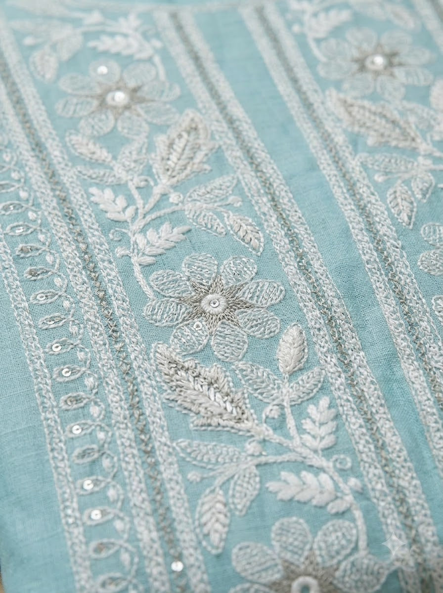 Sky Blue Chanderi Embroidered Unstitched Dress Material