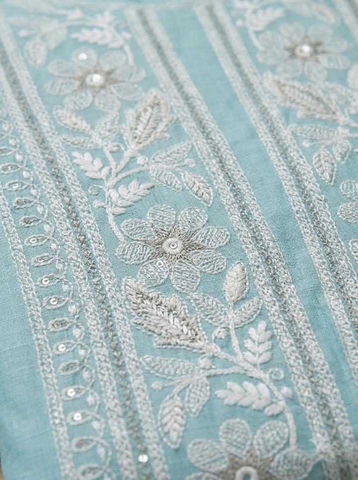 Sky Blue Chanderi Embroidered Unstitched Dress Material