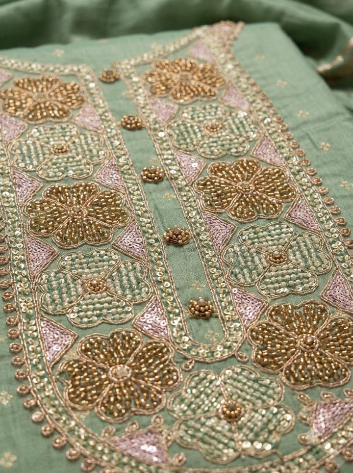 Aqua Green Chanderi Embroidered Unstitched Dress Material