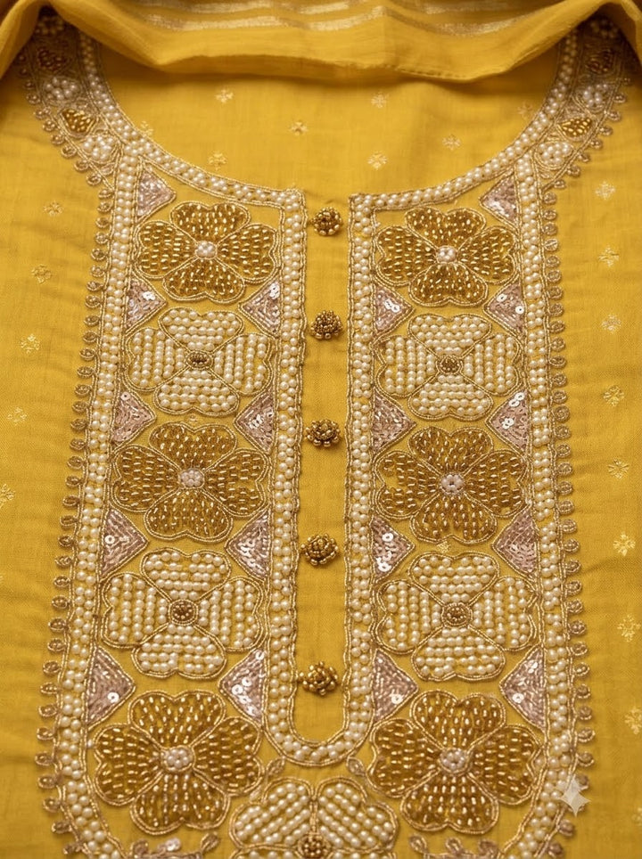 Yellow Chanderi Embroidered Unstitched Dress Material