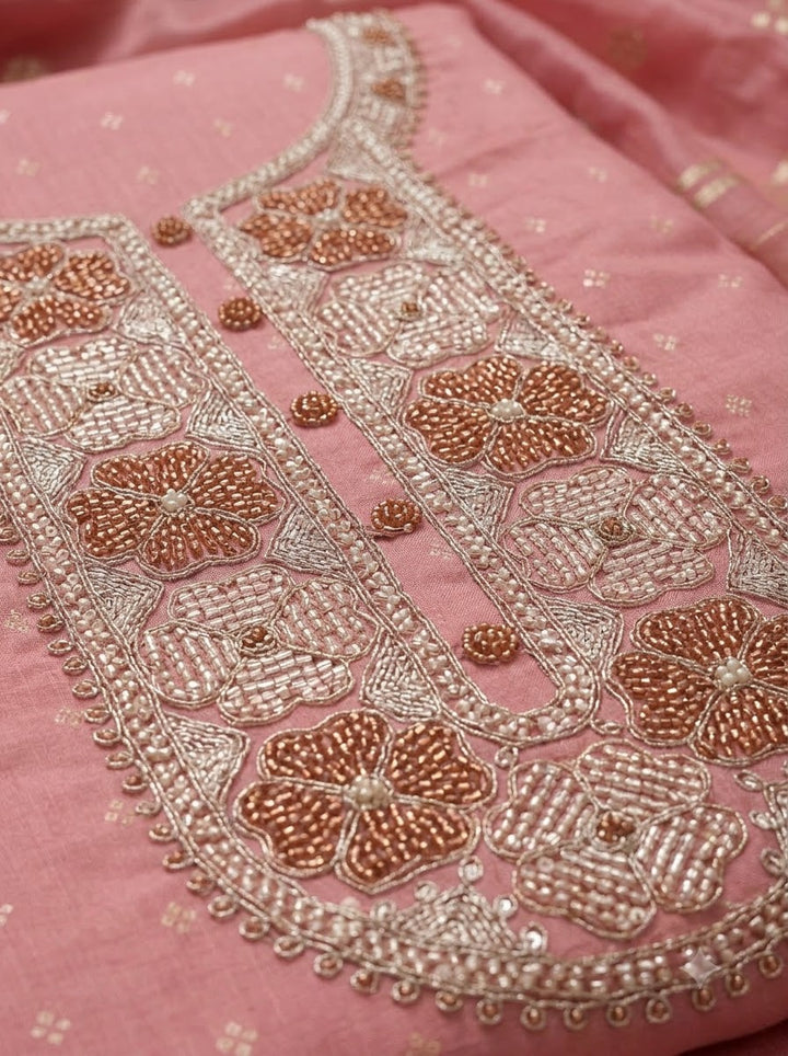 Peach Chanderi Embroidered Unstitched Dress Material