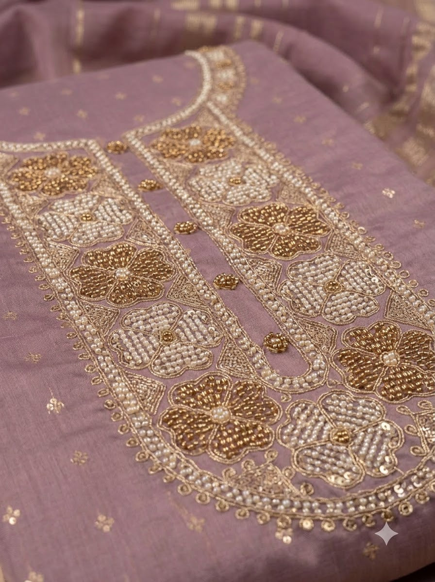 Lavender Chanderi Embroidered Unstitched Dress Material