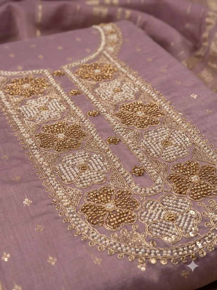 Lavender Chanderi Embroidered Unstitched Dress Material