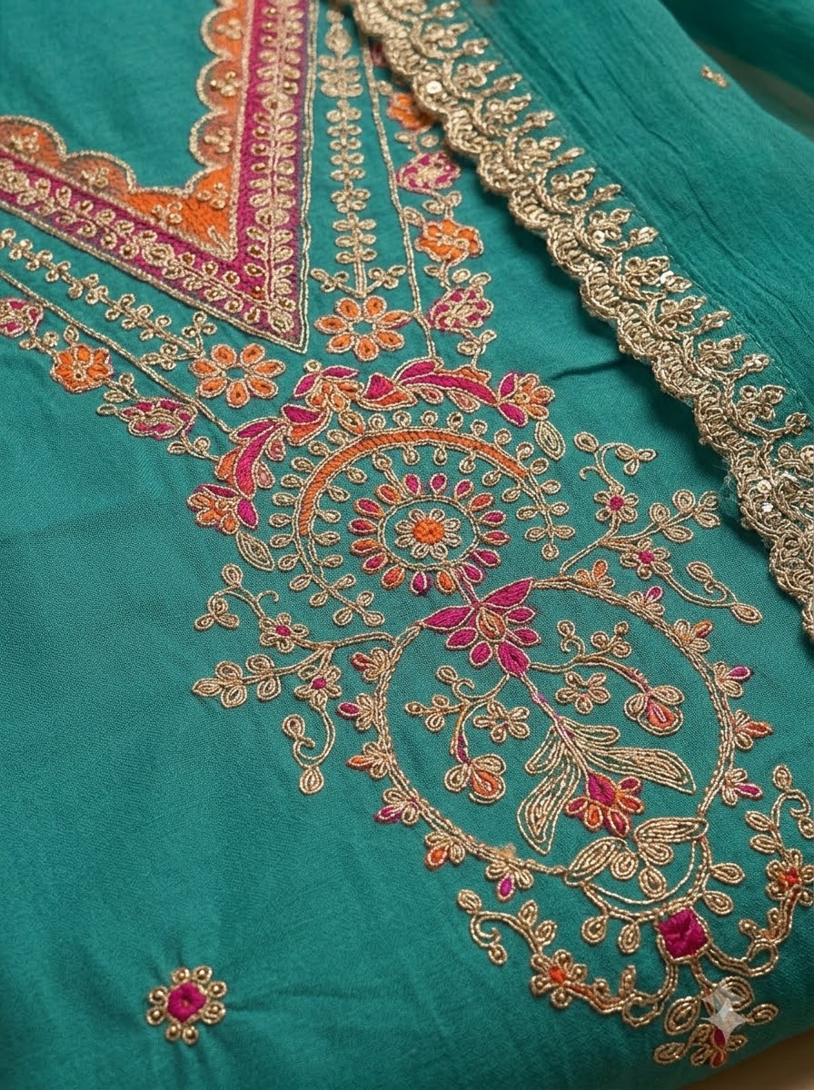 Lake Blue Chanderi Embroidered Unstitched Dress Material