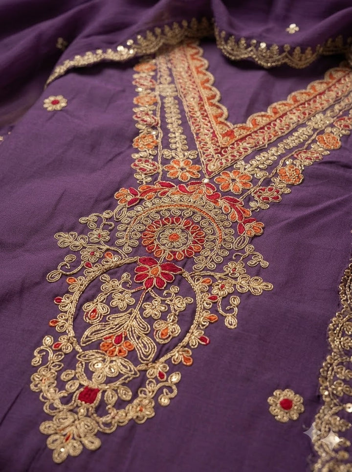 Purple Chanderi Embroidered Unstitched Dress Material