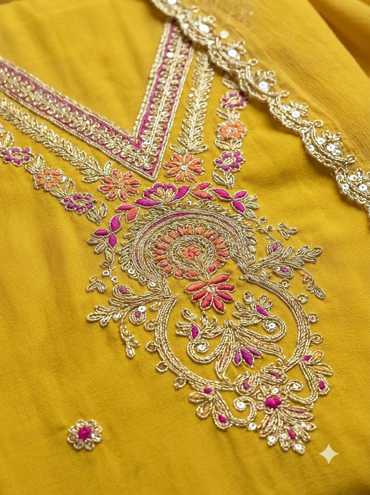 Mustard Chanderi Embroidered Unstitched Dress Material