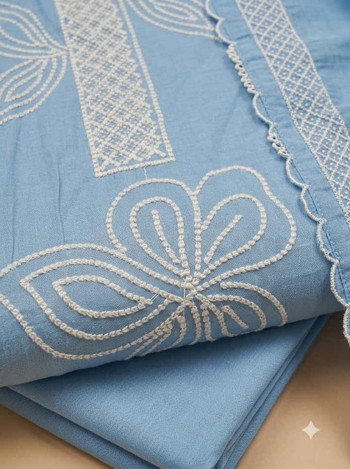 Blue Chanderi Embroidered Unstitched Dress Material