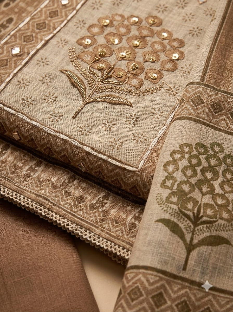 Beige Linen Blend Printed Unstitched Dress Material