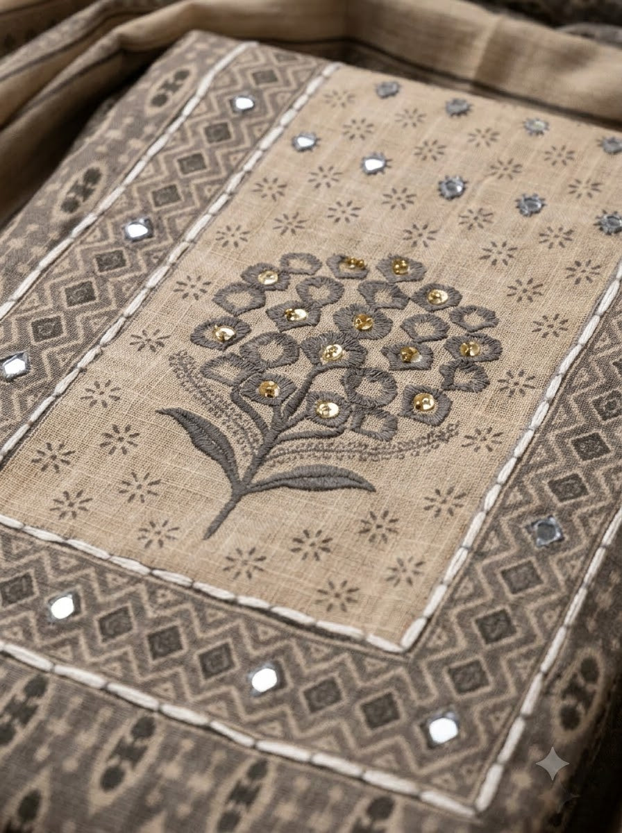 Grey Linen Blend Printed Unstitched Dress Material