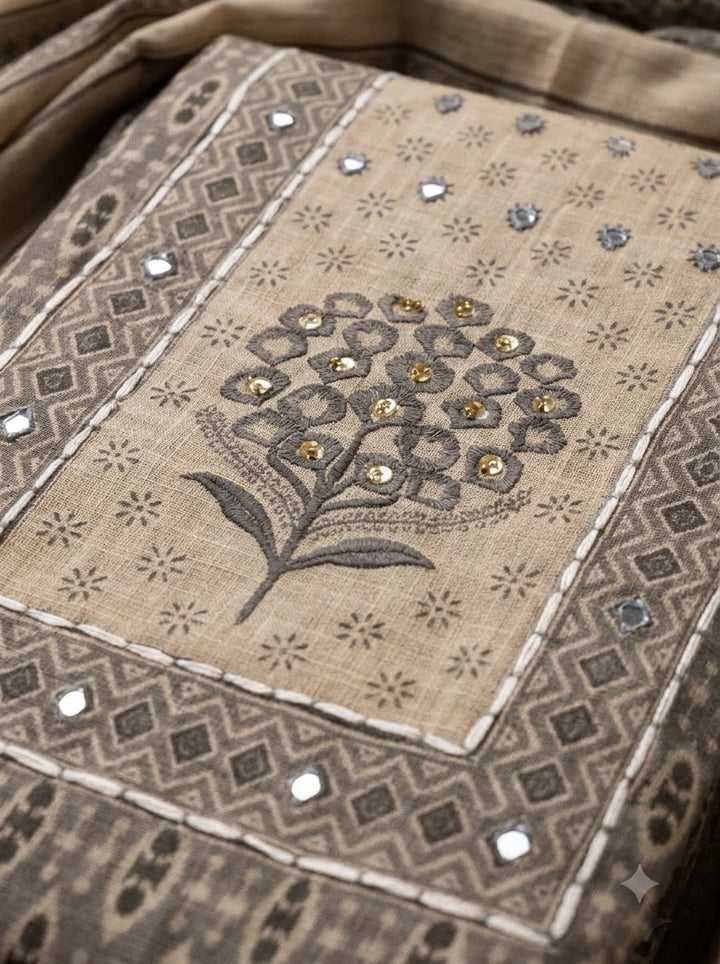 Grey Linen Blend Printed Unstitched Dress Material