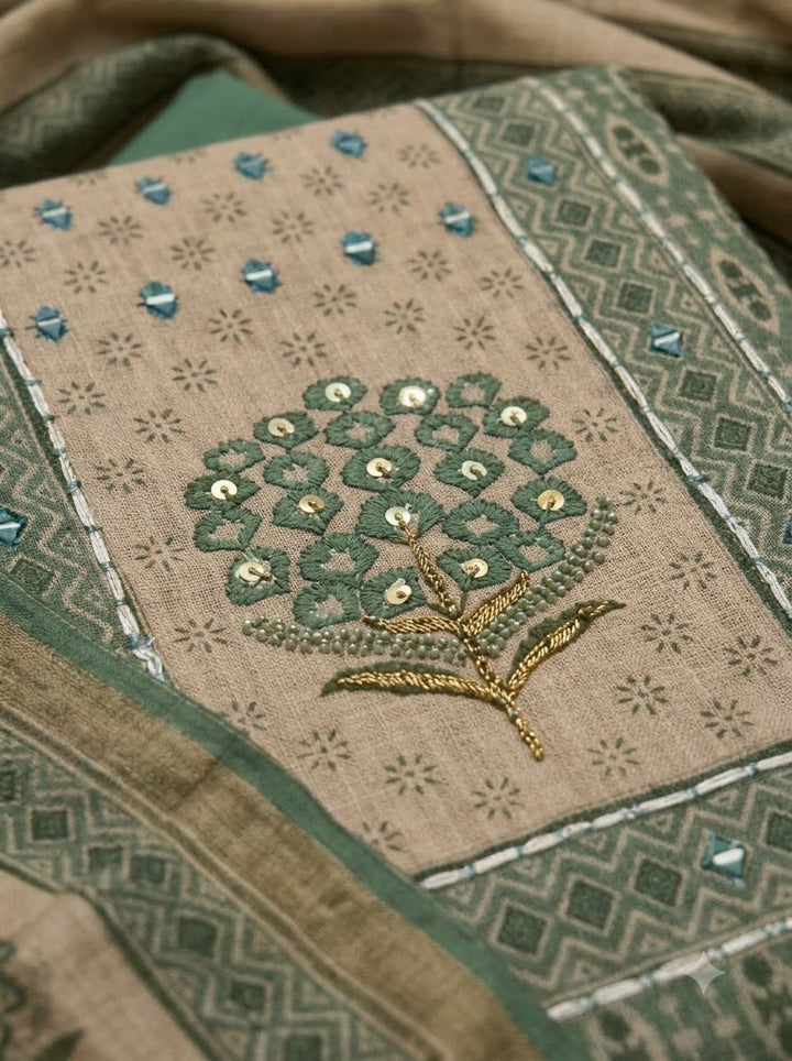Green Linen Blend Printed Unstitched Dress Material