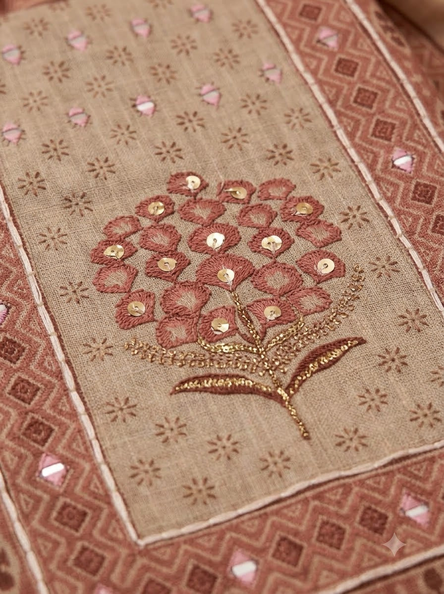 Onion Pink Linen Blend Printed Unstitched Dress Material