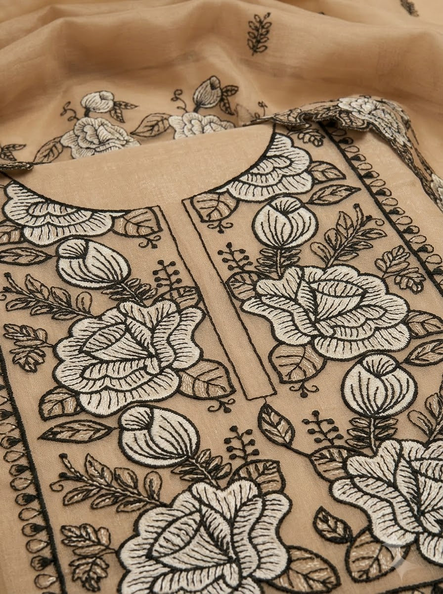 Beige Chanderi Embroidered Unstitched Dress Material