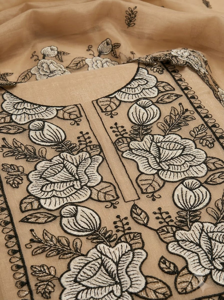 Beige Chanderi Embroidered Unstitched Dress Material