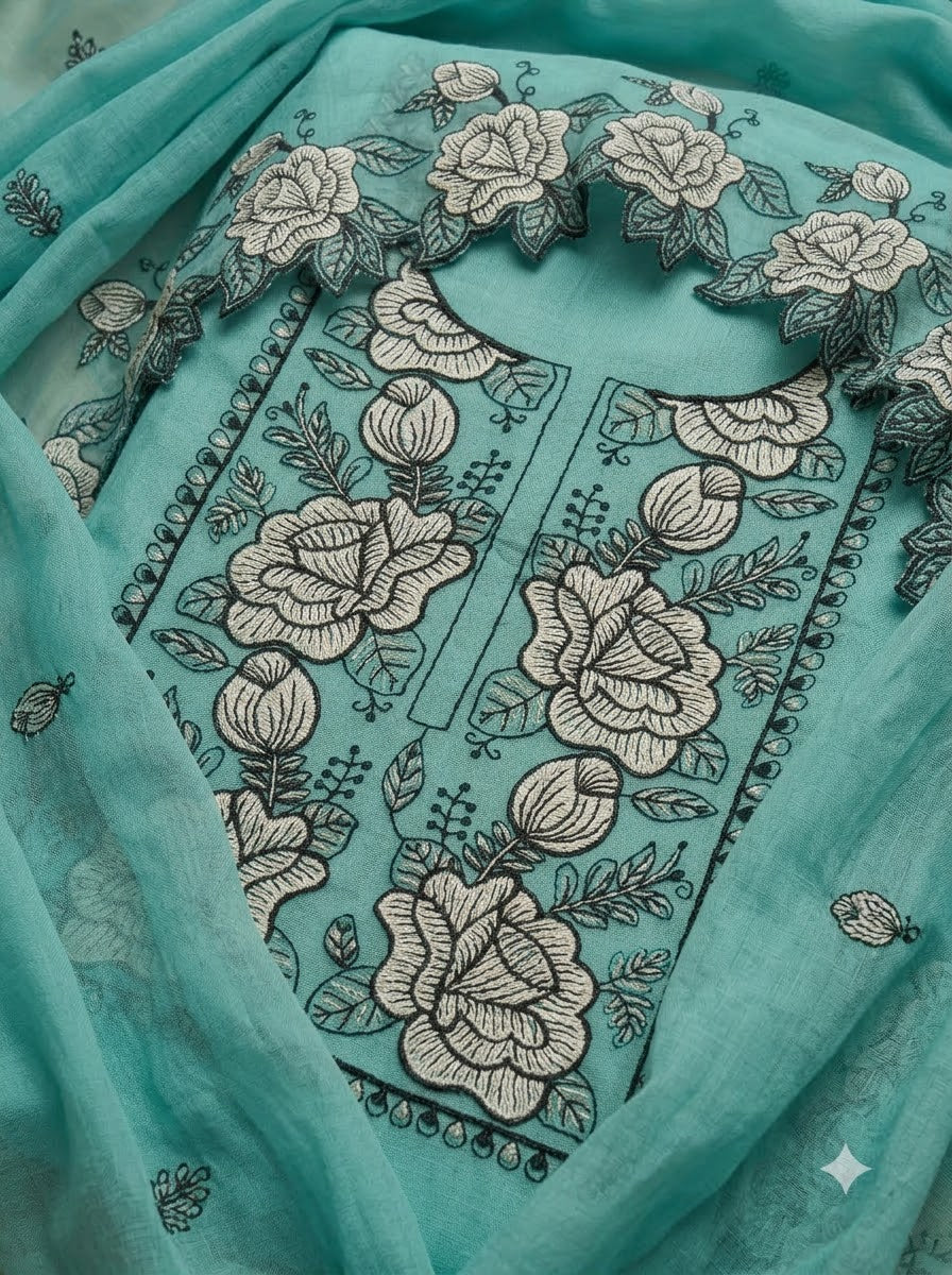 Sky Blue Chanderi Embroidered Unstitched Dress Material