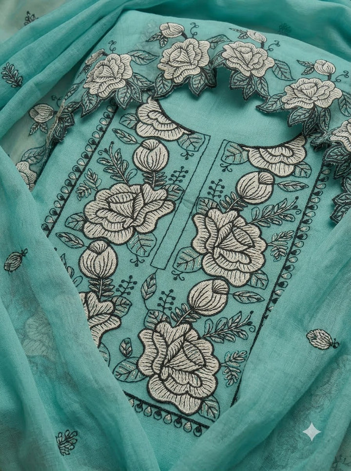 Sky Blue Chanderi Embroidered Unstitched Dress Material