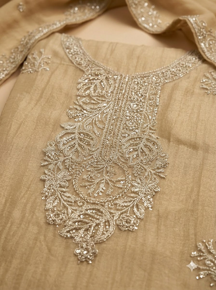 Beige Tissue Embroidered Unstitched Dress Material