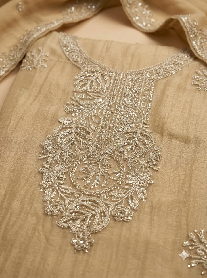 Beige Tissue Embroidered Unstitched Dress Material