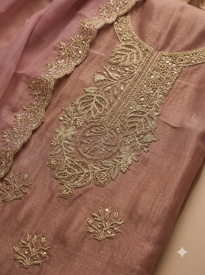 Onion Pink Tissue Embroidered Unstitched Dress Material
